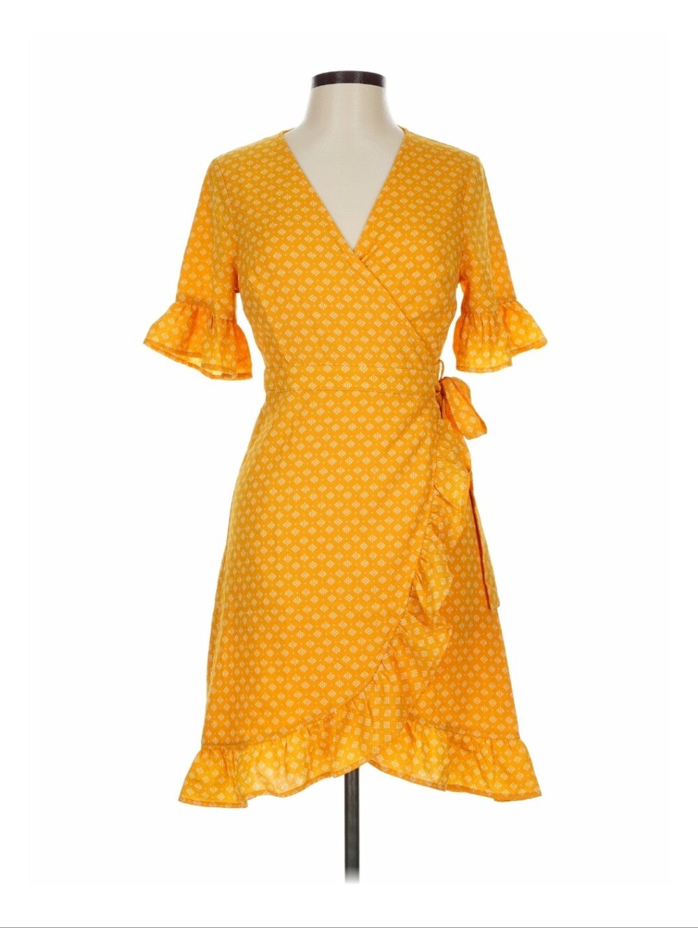 Gilli Yellow Wrap Dress | Size L | Ruffle Flutter Sleeve